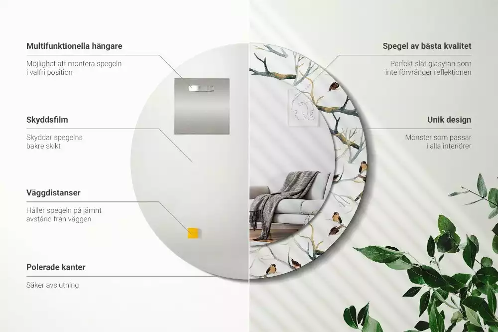 Kulaté dekorativní zrcadlo na zeď Vrabci ptáci větve