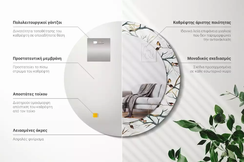 Kulaté dekorativní zrcadlo na zeď Vrabci ptáci větve