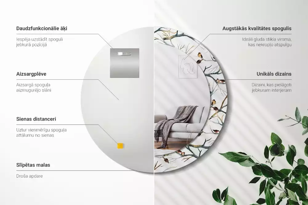 Kulaté dekorativní zrcadlo na zeď Vrabci ptáci větve