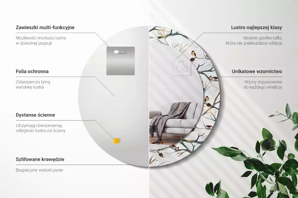 Kulaté dekorativní zrcadlo na zeď Vrabci ptáci větve