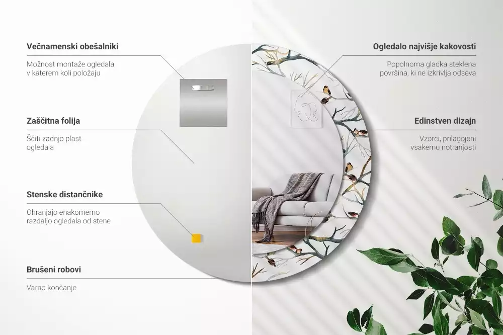 Kulaté dekorativní zrcadlo na zeď Vrabci ptáci větve