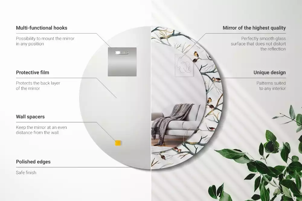 Kulaté dekorativní zrcadlo na zeď Vrabci ptáci větve