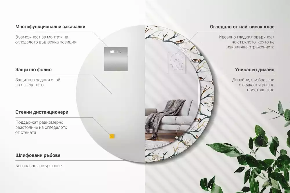 Kulaté dekorativní zrcadlo na zeď Vrabci ptáci větve