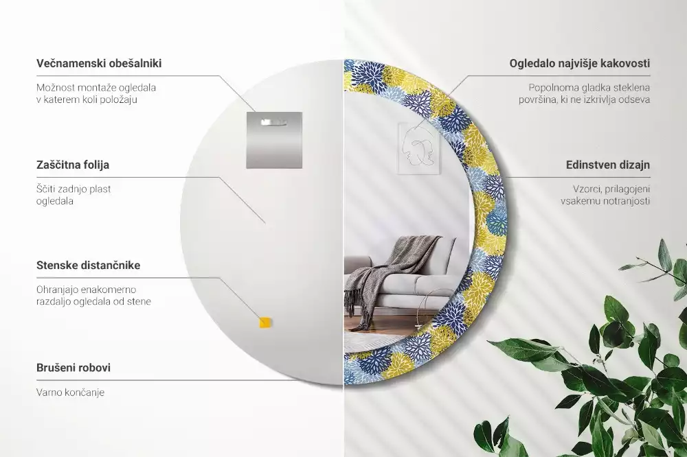 Kulaté dekorační zrcadlo Modré květy