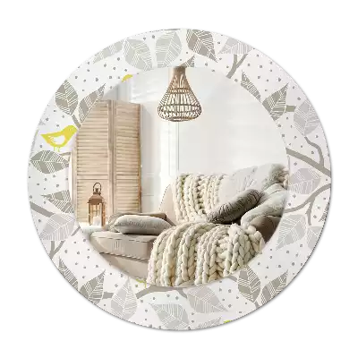 Kulaté dekorativní zrcadlo Žlutí ptáci na větvích