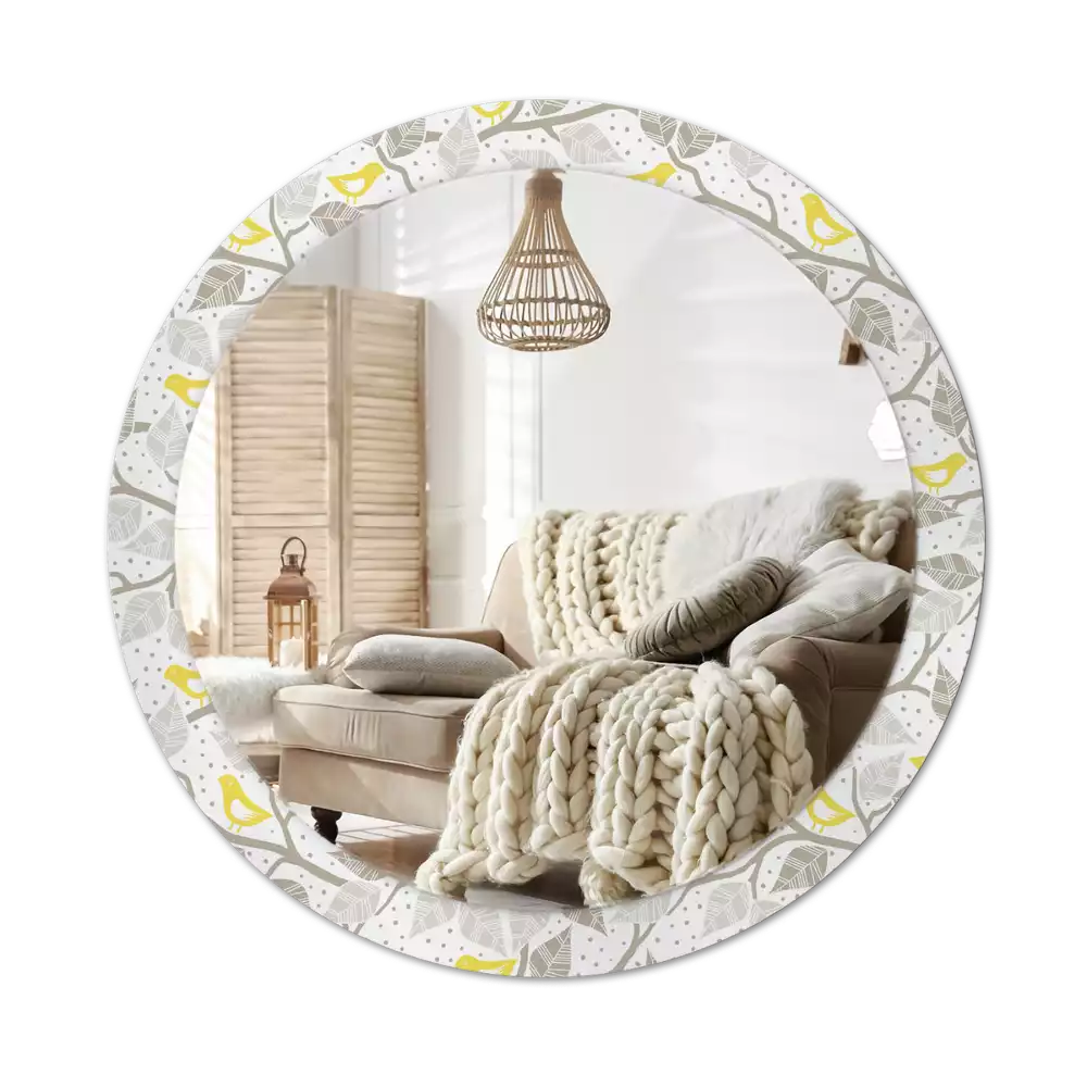 Kulaté dekorativní zrcadlo Žlutí ptáci na větvích