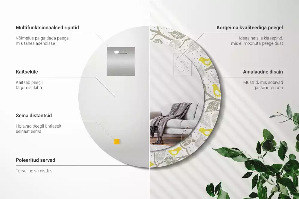 Kulaté dekorativní zrcadlo Žlutí ptáci na větvích