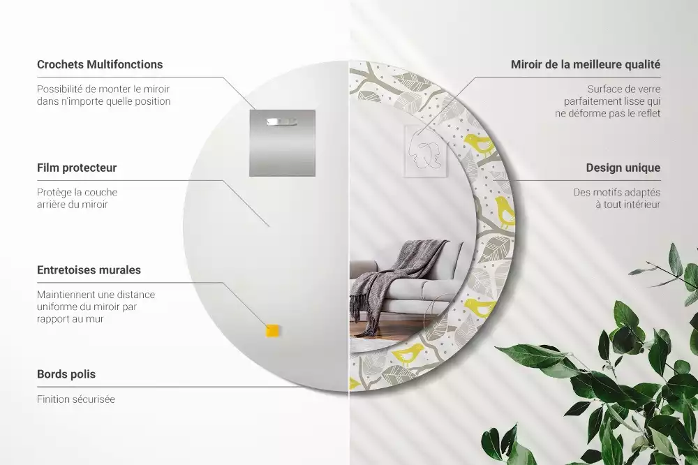 Kulaté dekorativní zrcadlo Žlutí ptáci na větvích