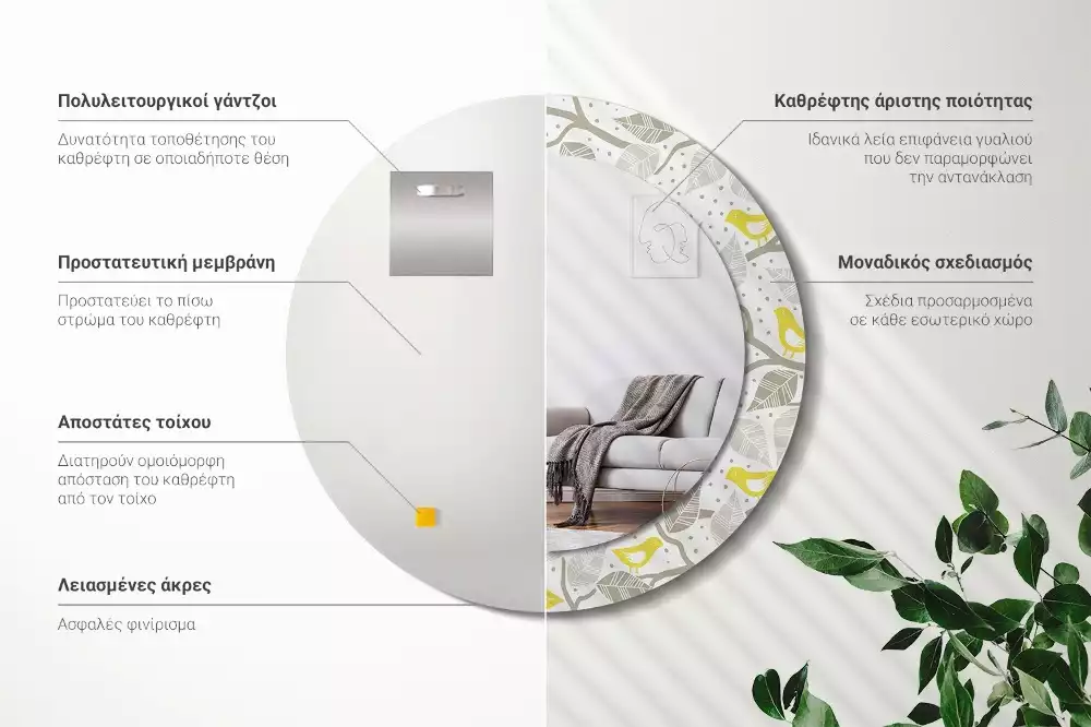 Kulaté dekorativní zrcadlo Žlutí ptáci na větvích