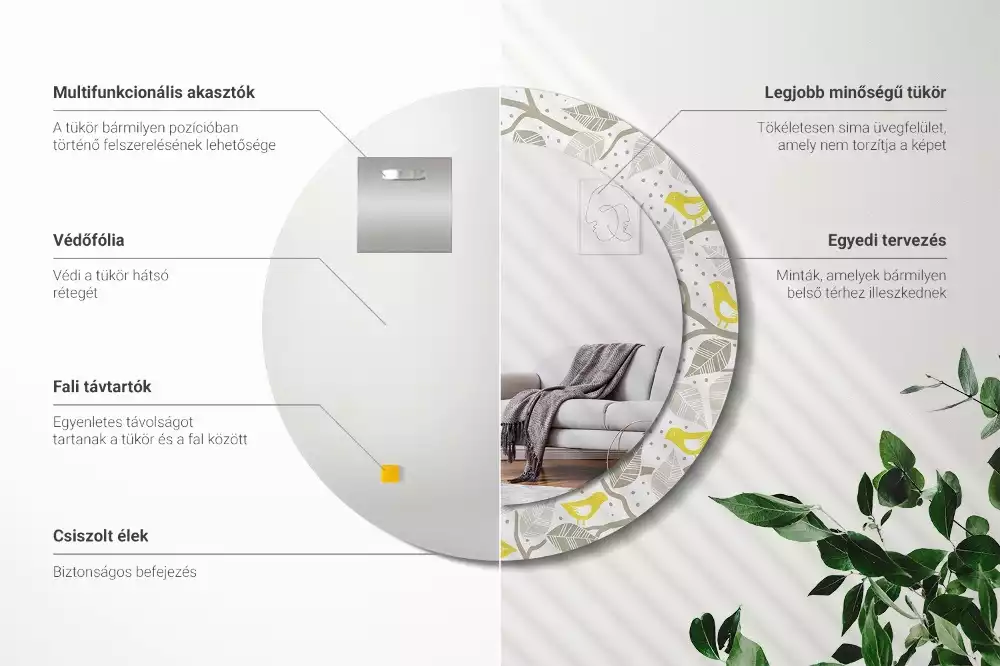 Kulaté dekorativní zrcadlo Žlutí ptáci na větvích