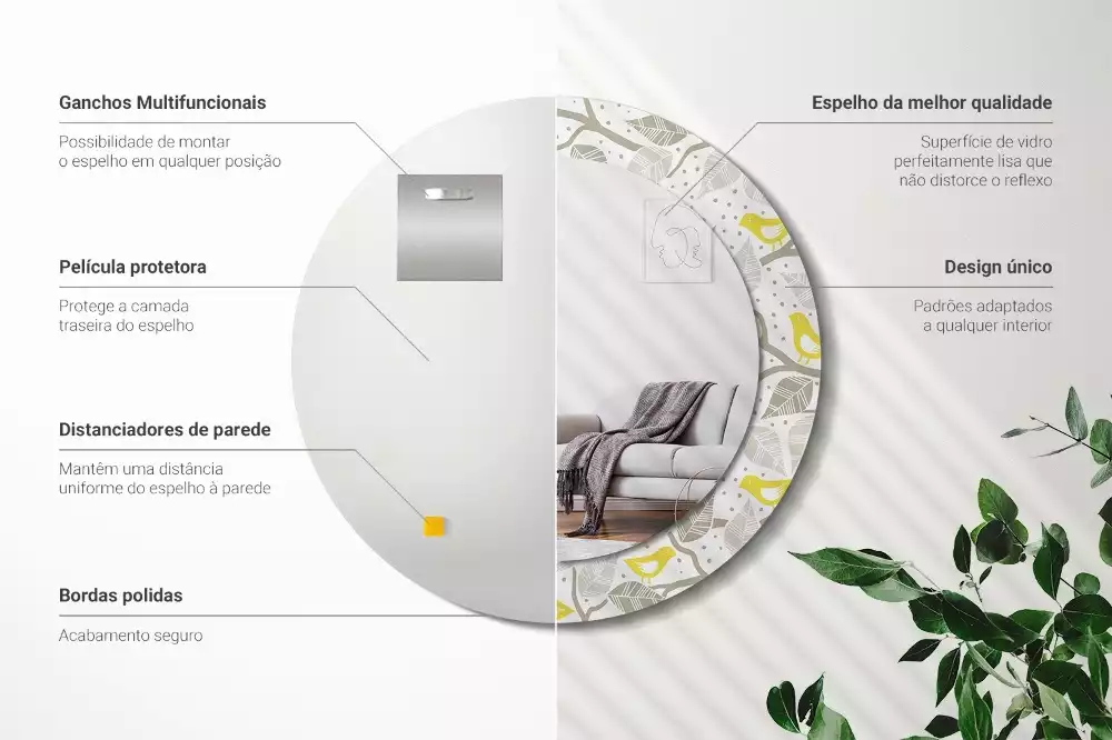 Kulaté dekorativní zrcadlo Žlutí ptáci na větvích