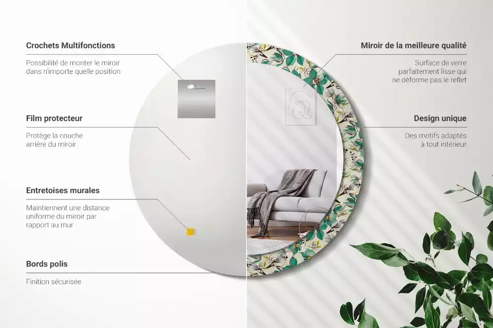 Kulaté zrcadlo s potiskem Květiny a ptáci