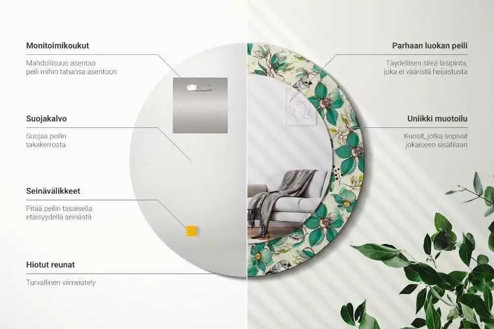 Kulaté zrcadlo s potiskem Květiny a ptáci