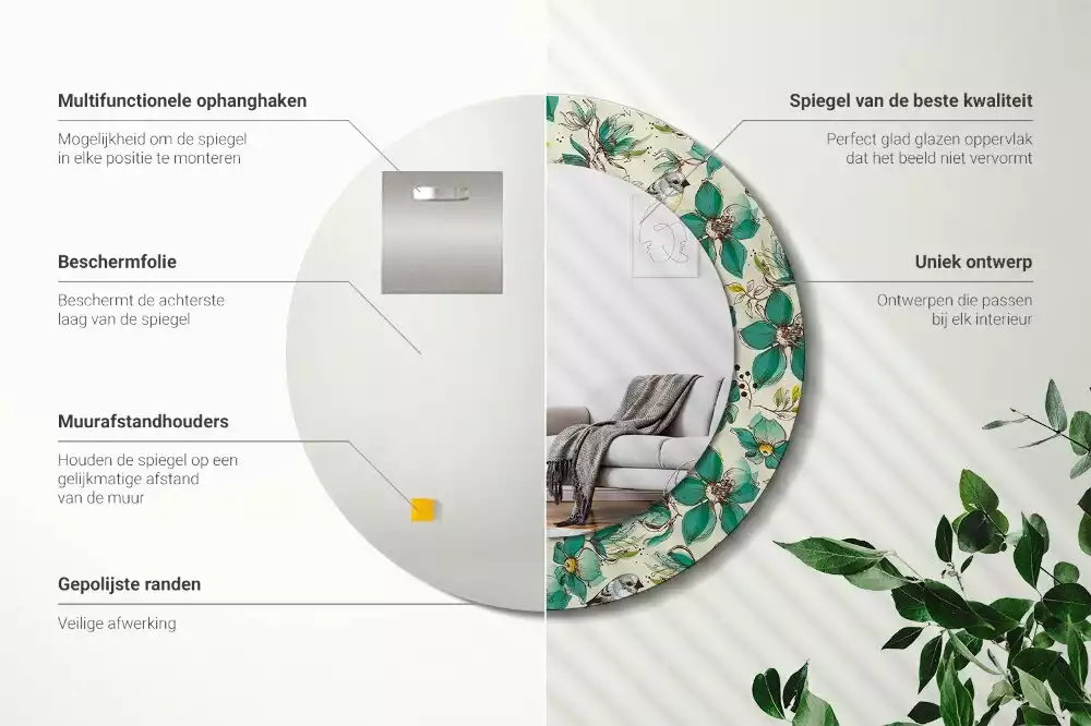 Kulaté zrcadlo s potiskem Květiny a ptáci