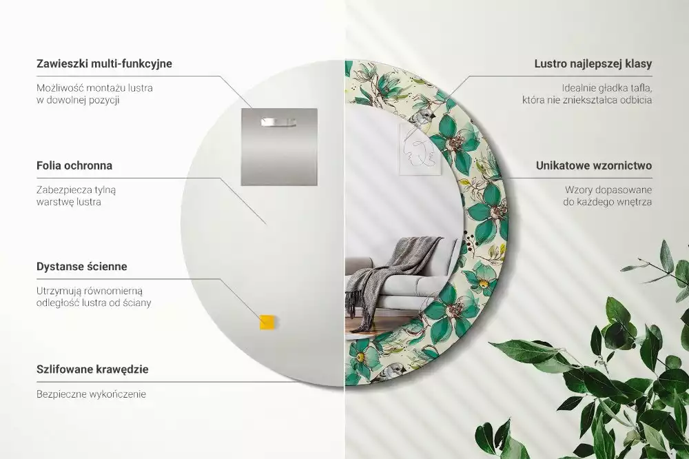 Kulaté zrcadlo s potiskem Květiny a ptáci