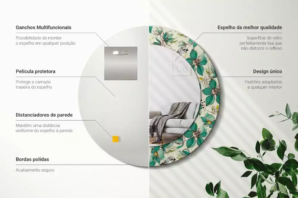 Kulaté zrcadlo s potiskem Květiny a ptáci