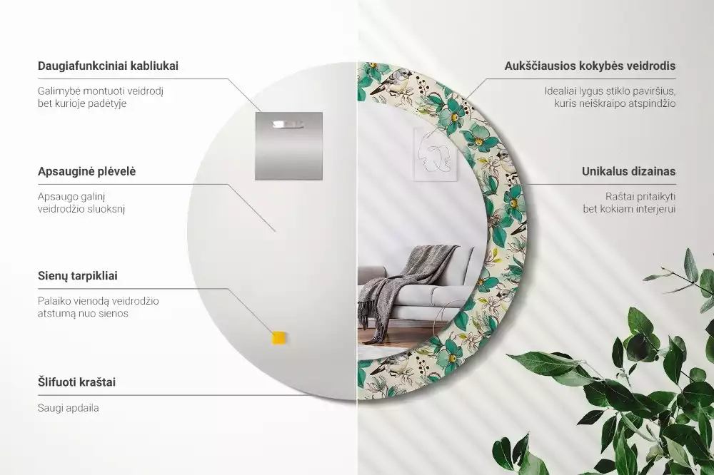 Kulaté zrcadlo s potiskem Květiny a ptáci