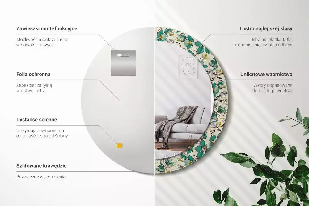 Kulaté zrcadlo s potiskem Květiny a ptáci