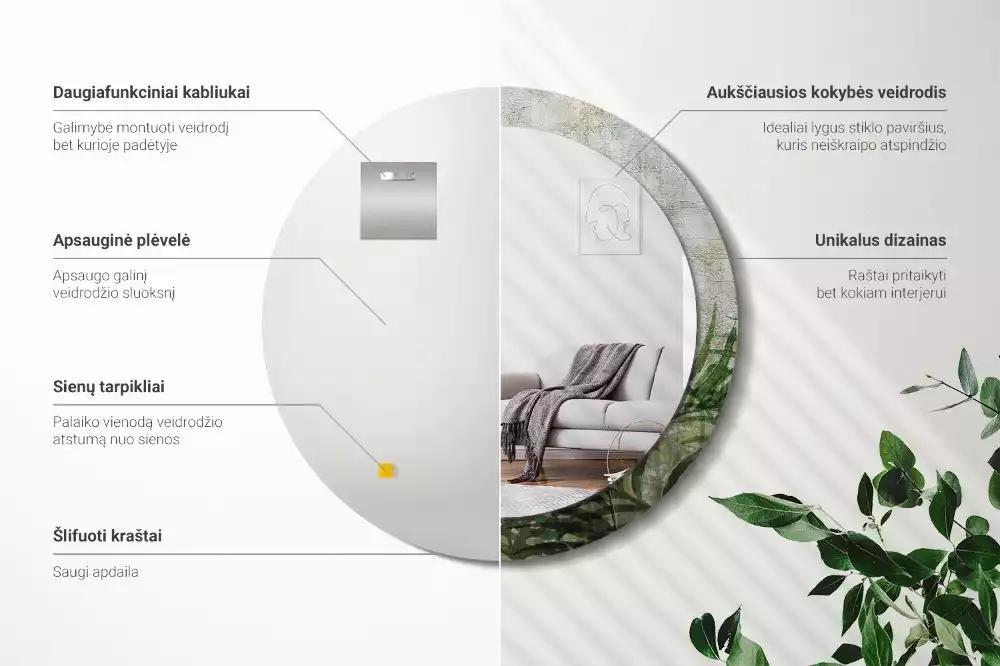 Kulaté zrcadlo s potiskem Kapradinové listy