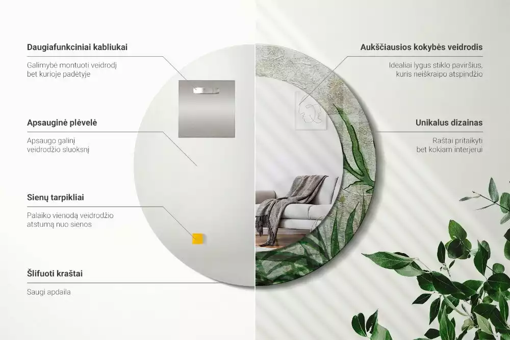 Kulaté zrcadlo s potiskem Kapradinové listy