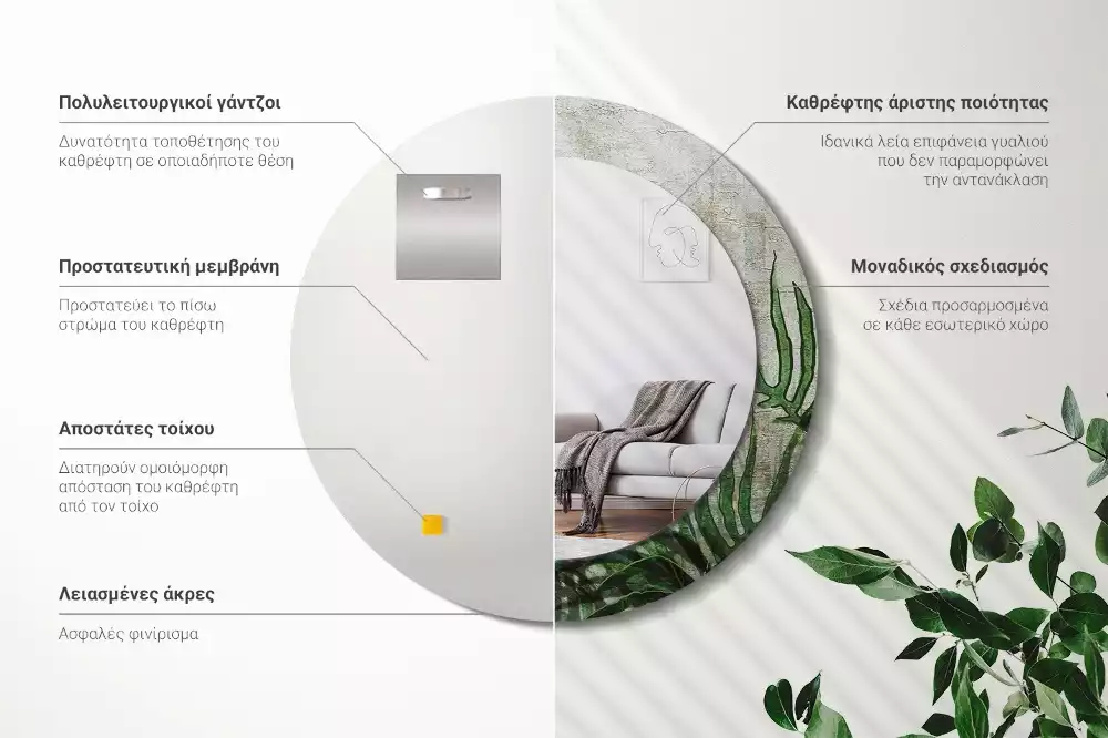 Kulaté zrcadlo s potiskem Kapradinové listy