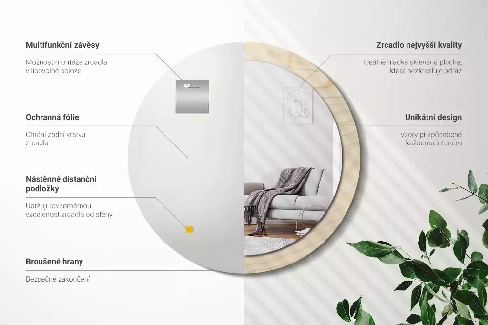 Kulaté zrcadlo s potiskem Světlé dřevo