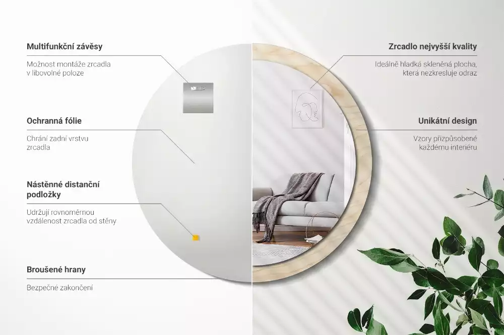 Kulaté zrcadlo s potiskem Světlé dřevo