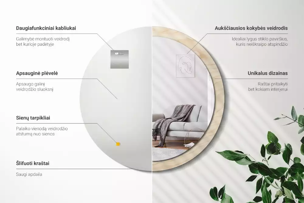 Kulaté zrcadlo s potiskem Světlé dřevo