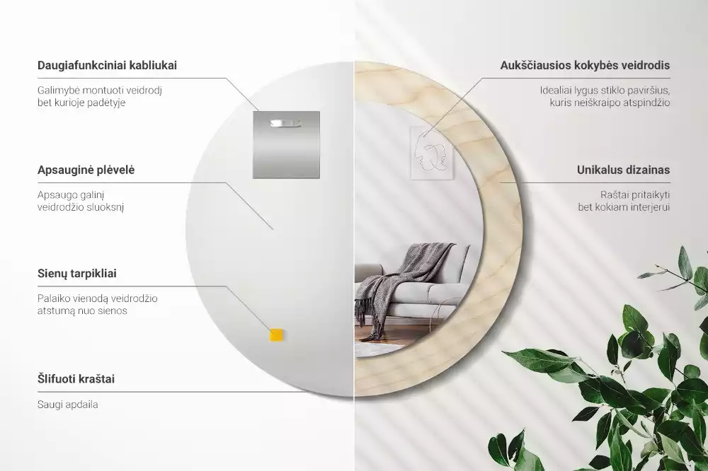 Kulaté zrcadlo s potiskem Světlé dřevo