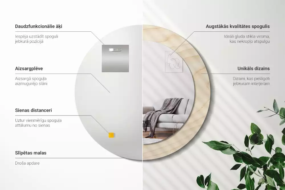 Kulaté zrcadlo s potiskem Světlé dřevo