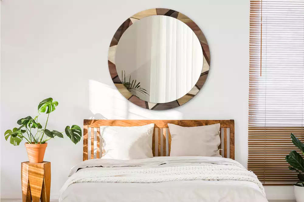 Kulaté dekorativní zrcadlo Geometrické dřevo 3D