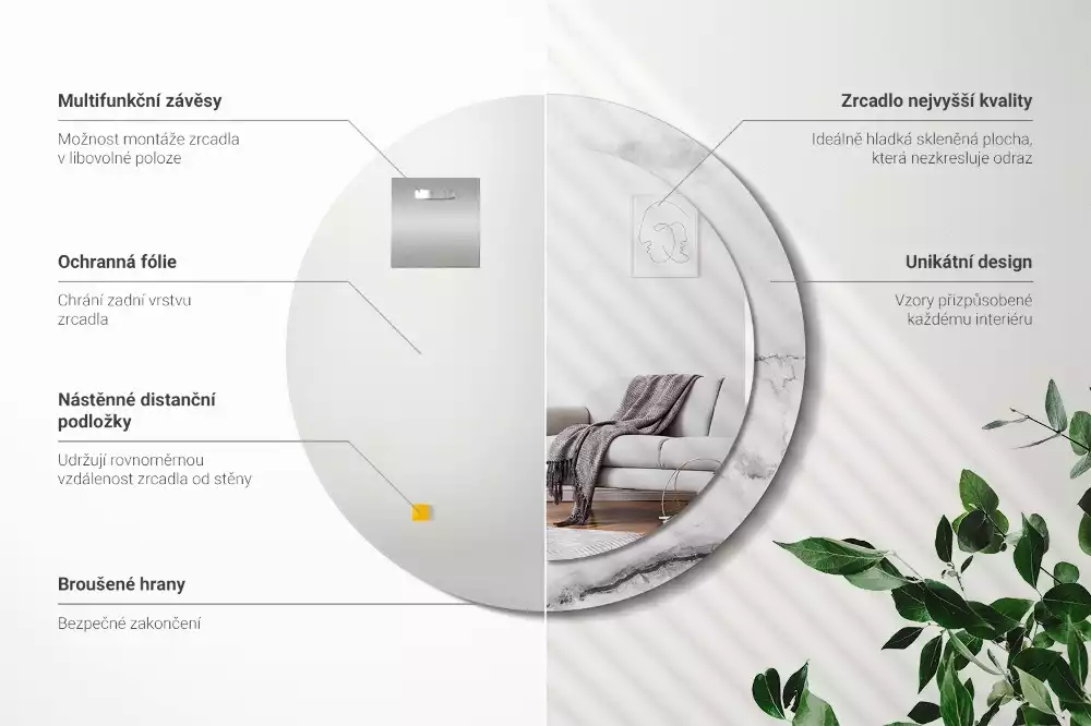 Kulaté zrcadlo s potiskem Bílý mramor