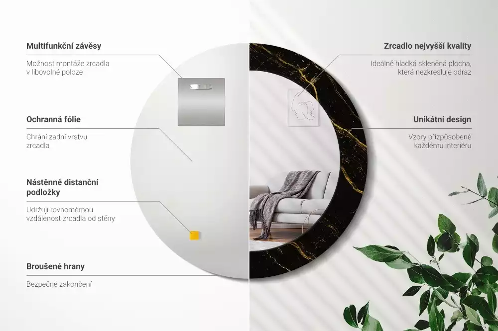 Kulaté zrcadlo s potiskem Černý mramor