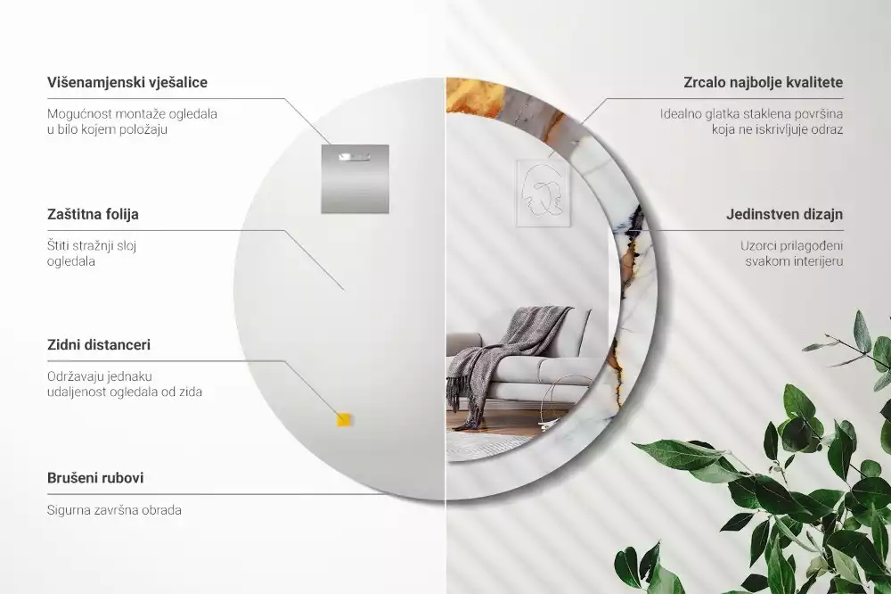 Kulaté zrcadlo s potiskem Bílý mramor