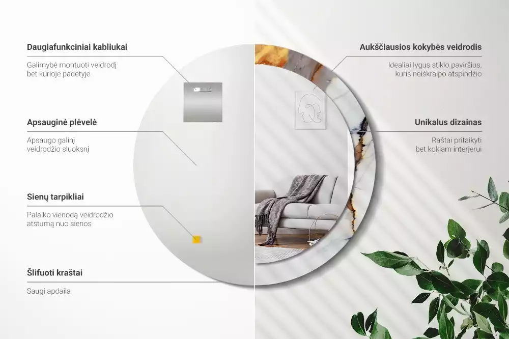 Kulaté zrcadlo s potiskem Bílý mramor