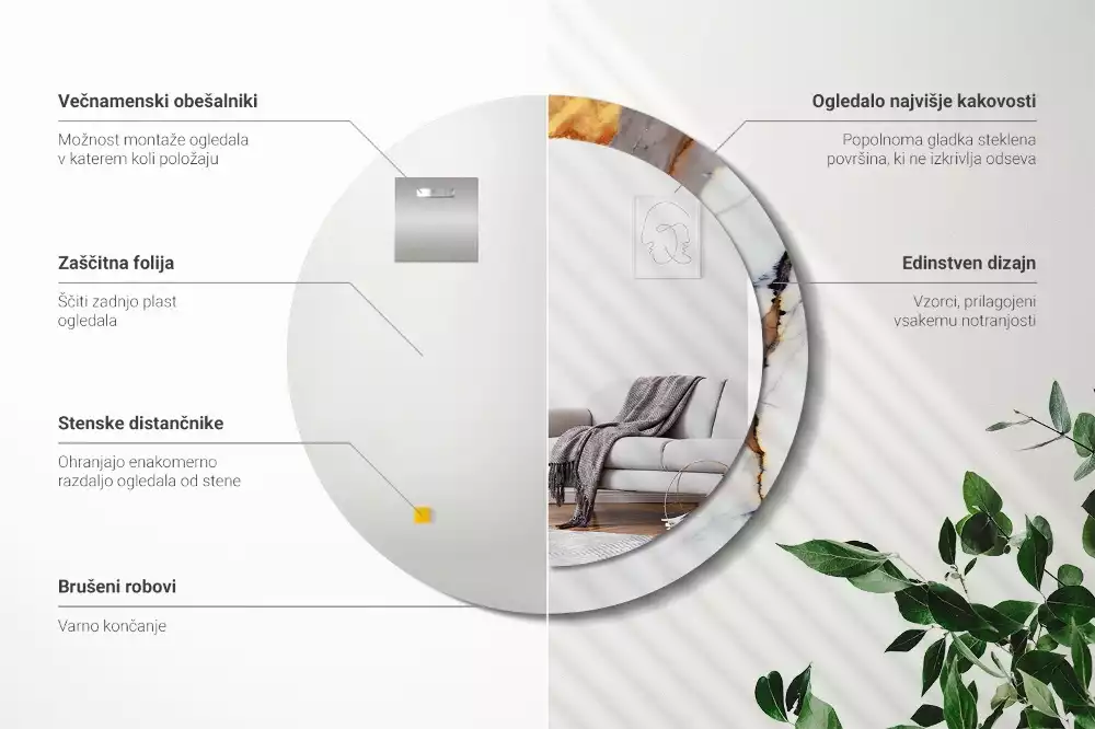 Kulaté zrcadlo s potiskem Bílý mramor