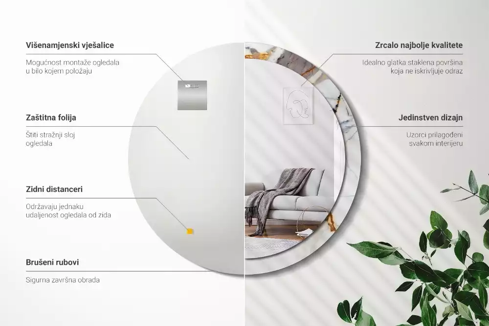 Kulaté zrcadlo s potiskem Bílý mramor