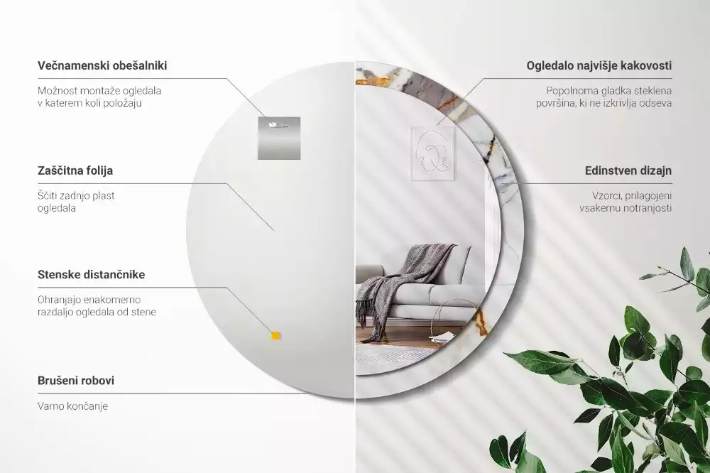 Kulaté zrcadlo s potiskem Bílý mramor