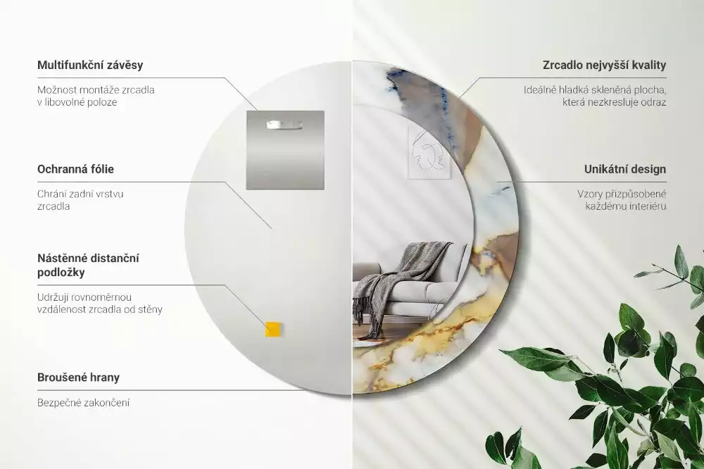 Kulaté zrcadlo s potiskem Bílý mramor