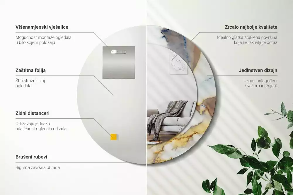 Kulaté zrcadlo s potiskem Bílý mramor