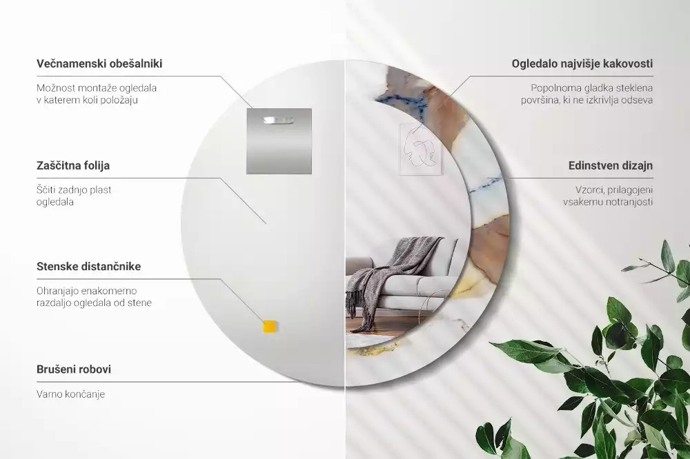 Kulaté zrcadlo s potiskem Bílý mramor