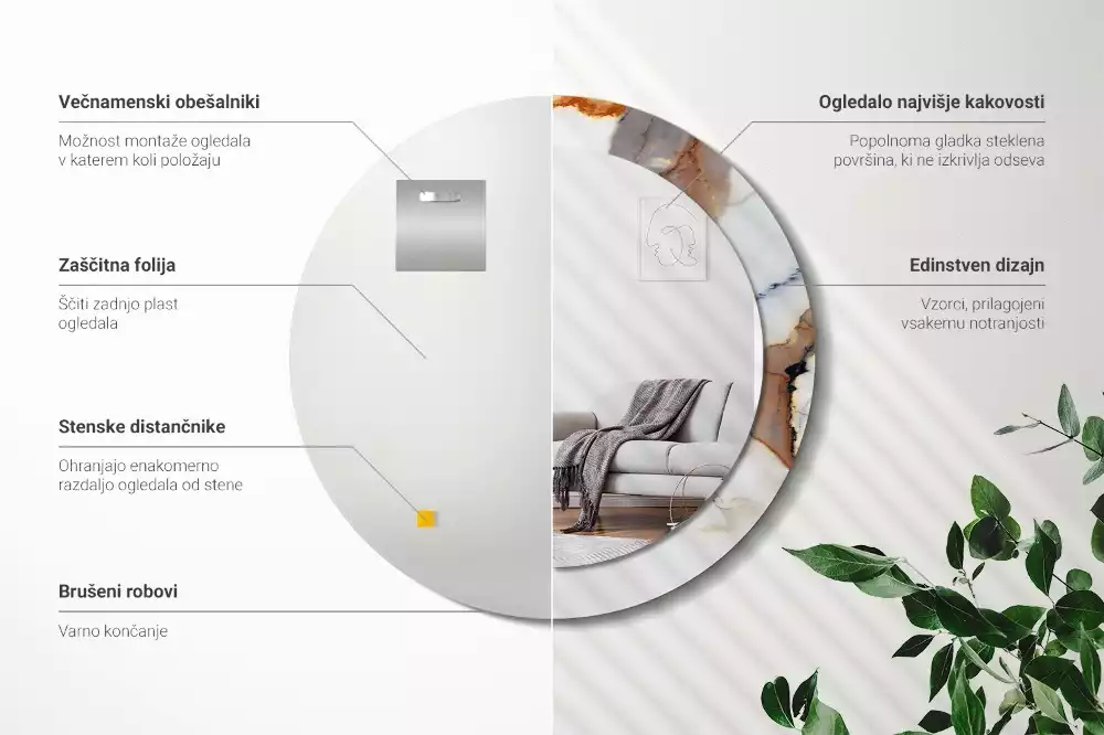 Kulaté zrcadlo s potiskem Bílý mramor