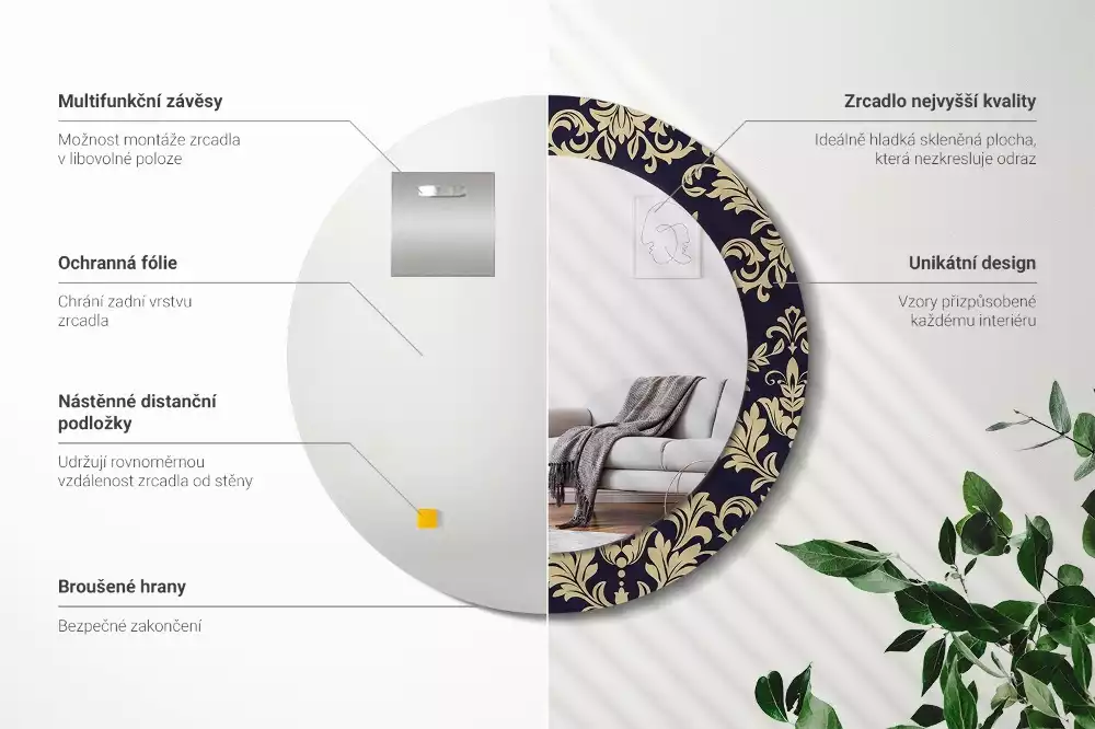 Kulaté dekorativní zrcadlo květinový vzor