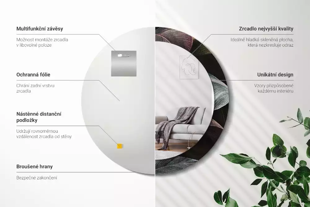 Kulaté dekorativní zrcadlo na zeď Tmavé tropické listy