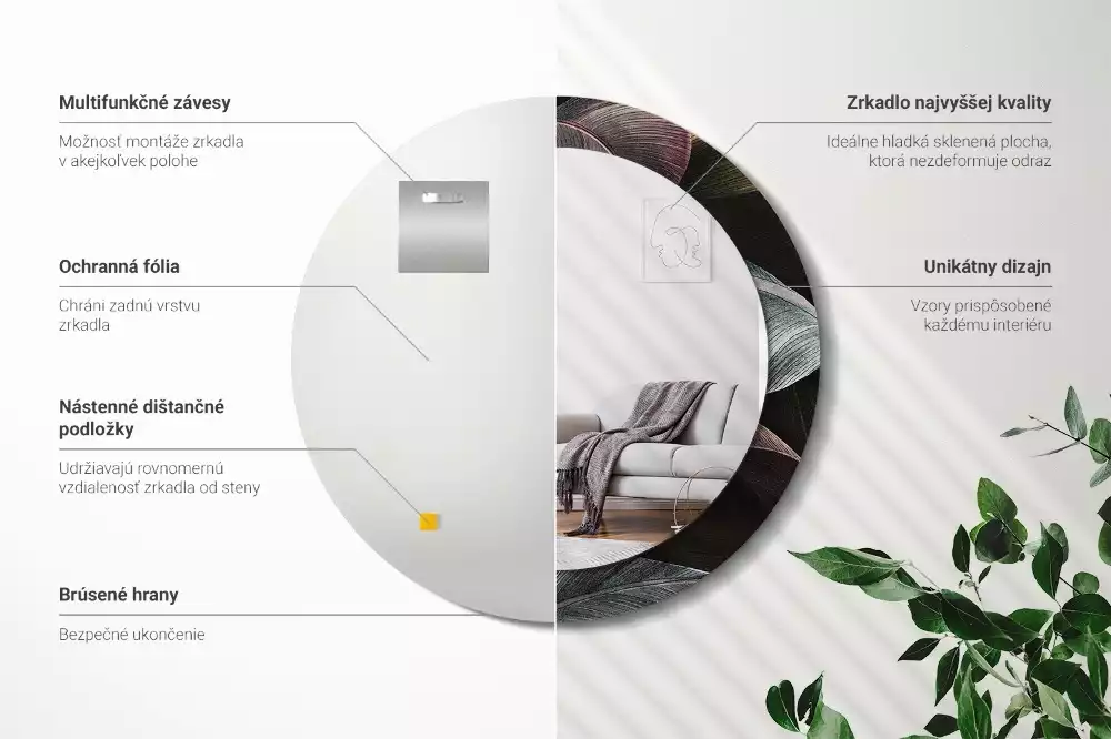 Kulaté dekorativní zrcadlo na zeď Tmavé tropické listy