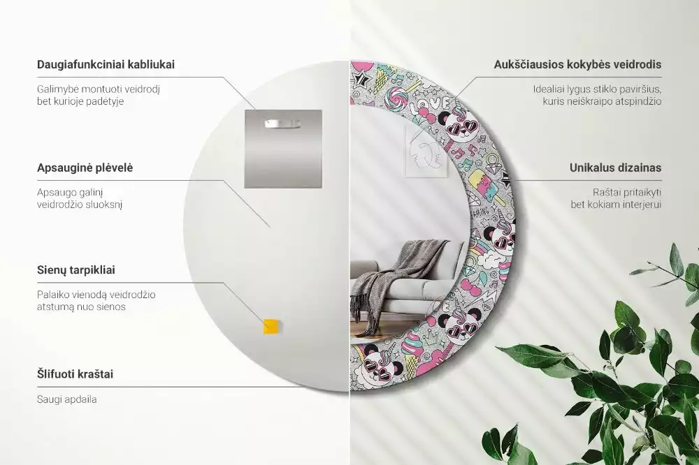 Kulaté dekorativní zrcadlo Panda jednorožec