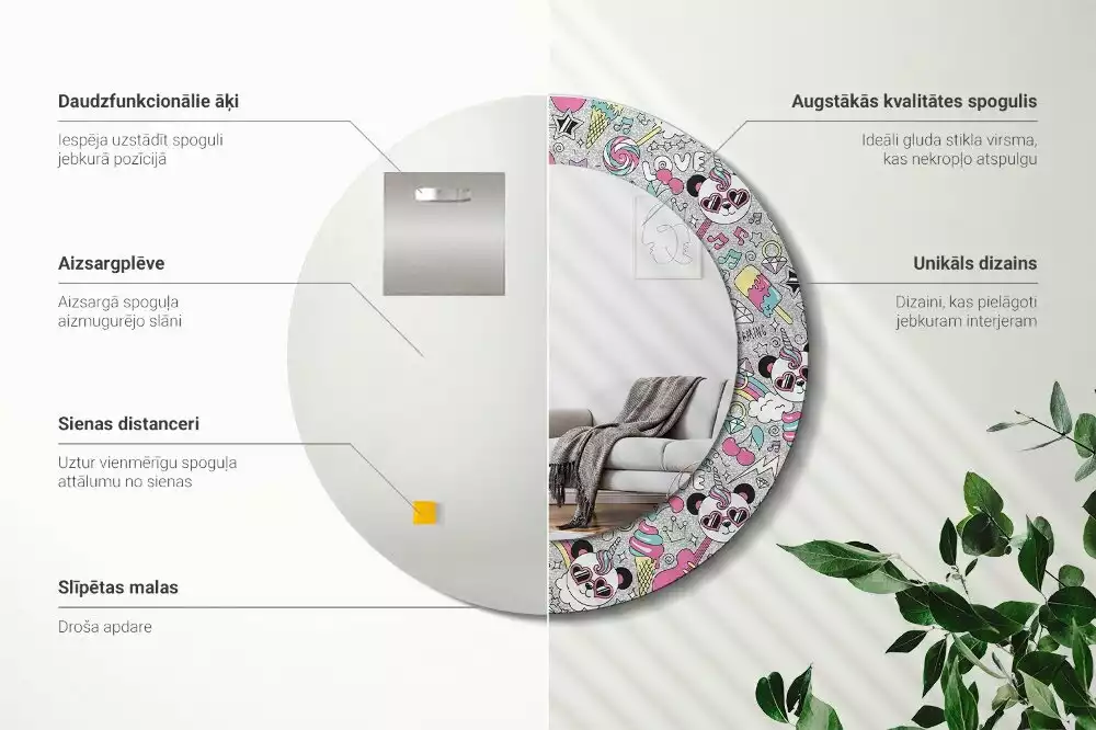 Kulaté dekorativní zrcadlo Panda jednorožec