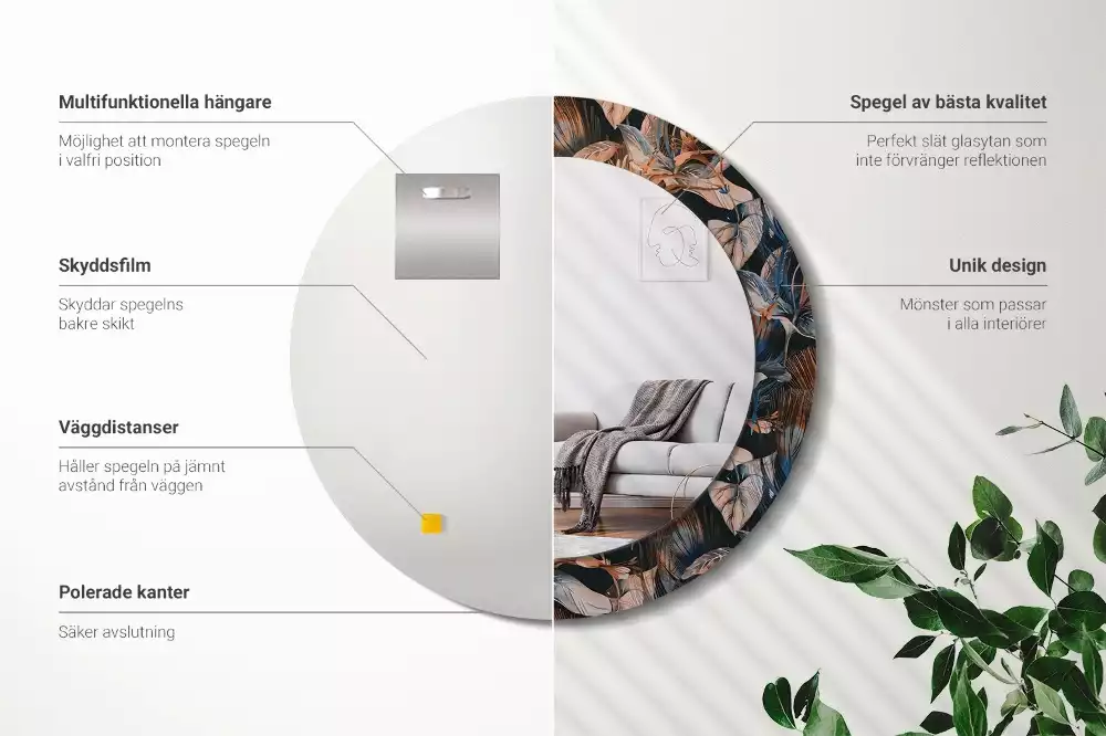 Kulaté zrcadlo s potiskem Tmavé tropické listy