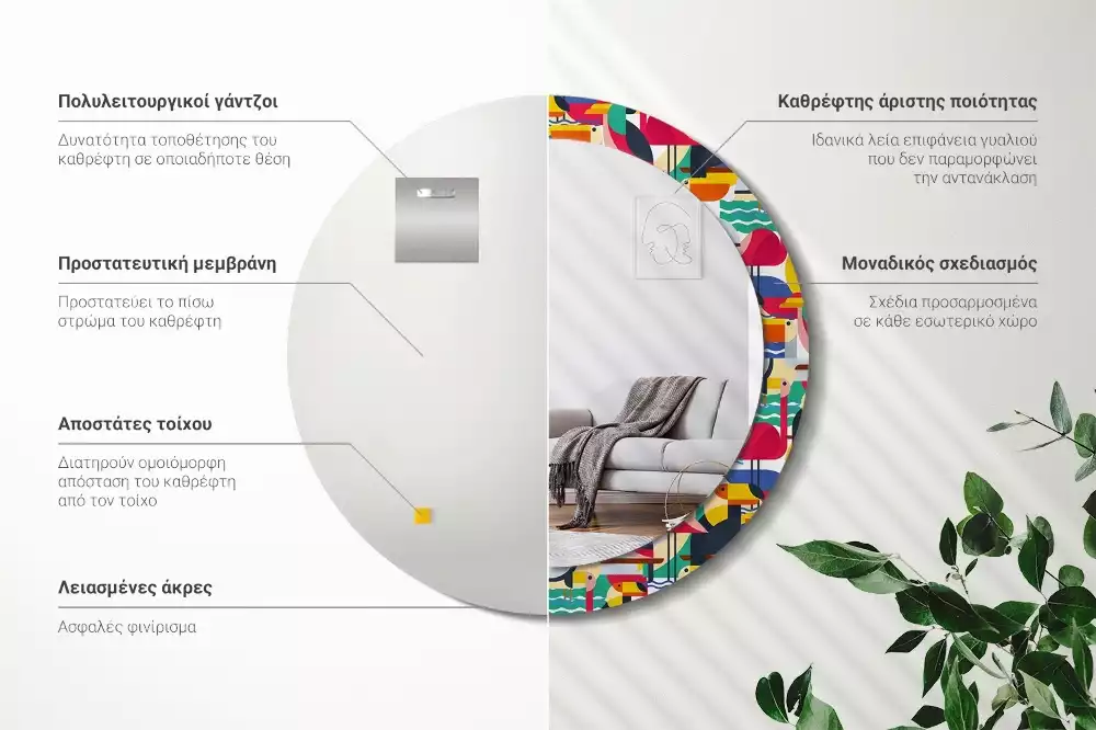 Kulaté zrcadlo s potiskem Geometrické tropické ptáky