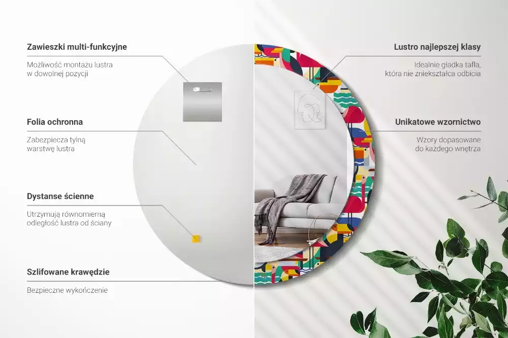 Kulaté zrcadlo s potiskem Geometrické tropické ptáky